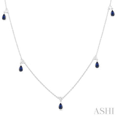 5x3 MM Pear Shape Sapphire and 1/8 Ctw Round Cut Diamonds Precious Station Necklace in 10K White Gold