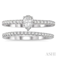3/4 Ctw Diamond Wedding Set With 5/8 Ct Pear Cut Diamond Engagement Ring and 1/6 Ct Wedding Band in 14K White Gold