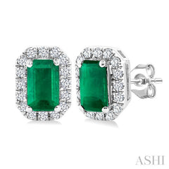 5x3 MM Octagonal Shape Emerald and 1/8 Ctw Round Cut Diamond Halo Precious Stud Earrings in 10K White Gold