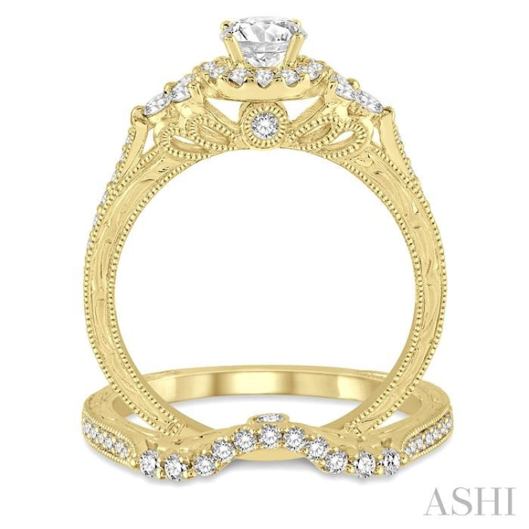 7/8 Ctw Diamond Wedding Set with 3/4 Ctw Round Cut Engagement Ring and 1/5 Ctw Wedding Band in 14K Yellow Gold