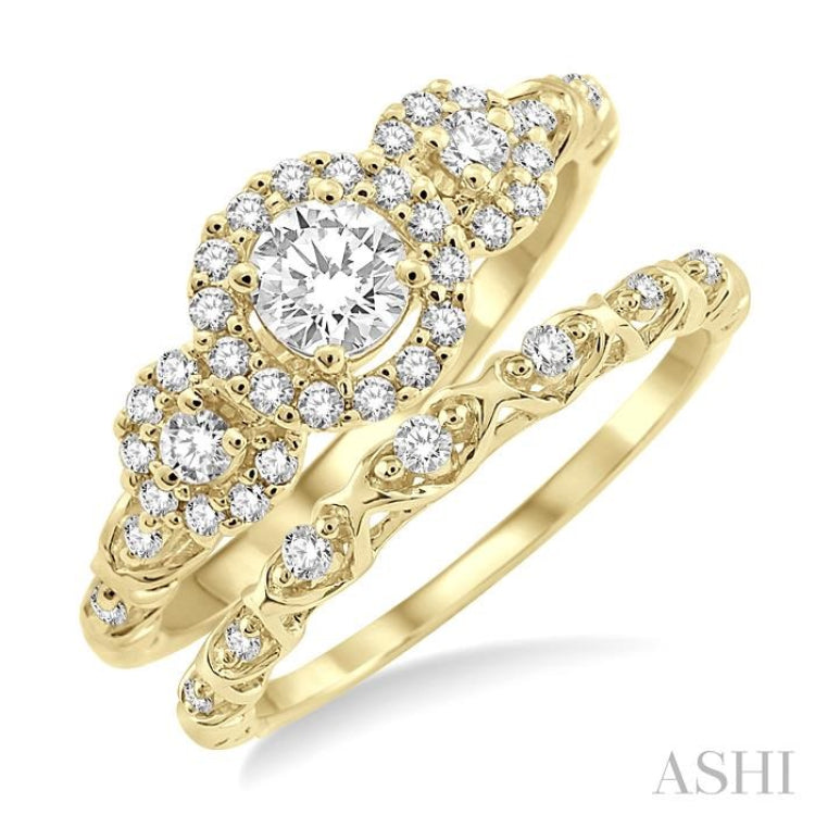 1/2 Ctw Diamond Wedding Set with 1/2 Ctw Round Cut Engagement Ring and 1/20 Ctw Wedding Band in 14K Yellow Gold