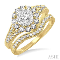 3/4 Ctw Diamond Lovebright Wedding Set with 5/8 Ctw Engagement Ring in Yellow and White Gold and 1/6 Ctw Wedding Band in 14K Yellow Gold