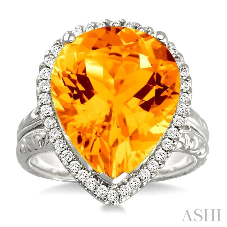 16x13 MM Pear Shape Citrine and 1/3 Ctw Round Cut Diamond Semi-Precious Ring in 14K White Gold