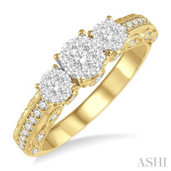 1/2 Ctw Tri-Mount Lovebright Round Cut Diamond Ring in 14K Yellow & White Gold