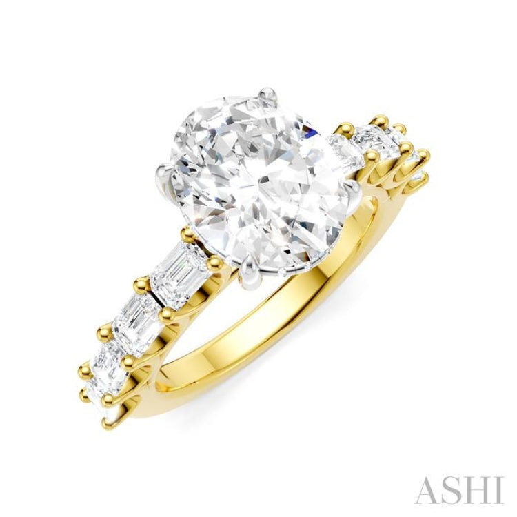 1 1/3 Ctw Oval Shape Emerald and Round Cut Diamond Semi-Mount Engagement Ring in 14K Yellow and White Gold