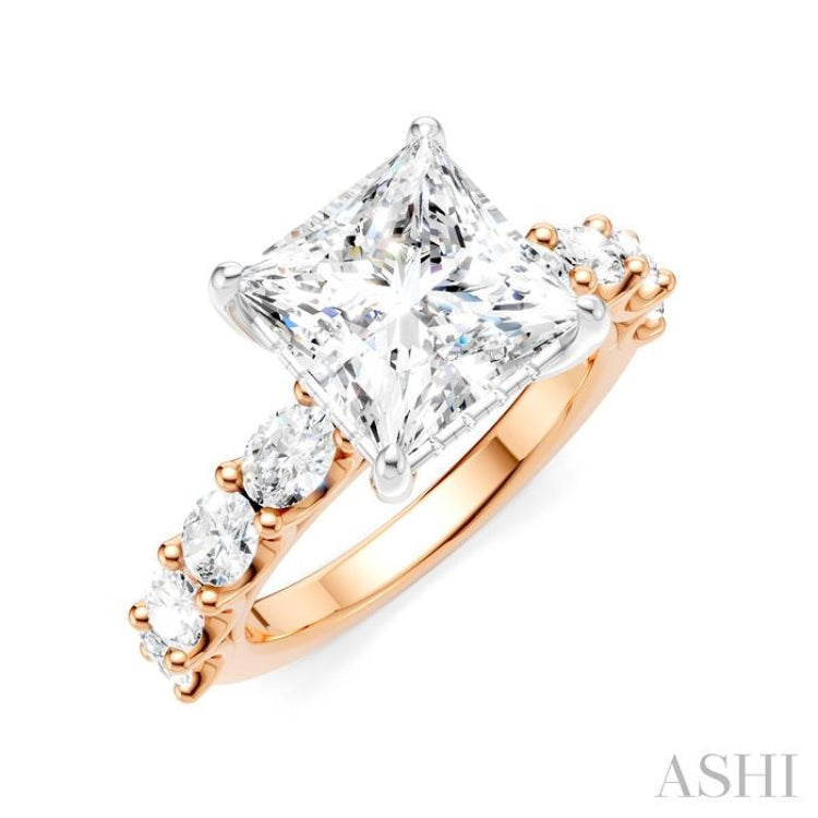 1 1/3 Ctw Princess Shape Oval and Round Cut Diamond Semi-Mount Engagement Ring in 14K Rose and White Gold