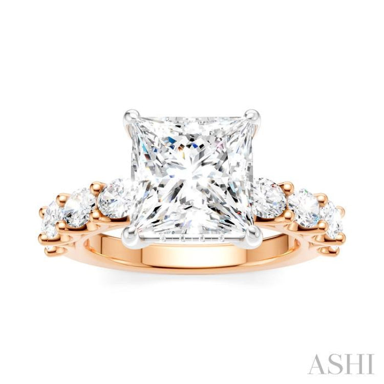 1 1/3 Ctw Princess Shape Oval and Round Cut Diamond Semi-Mount Engagement Ring in 14K Rose and White Gold