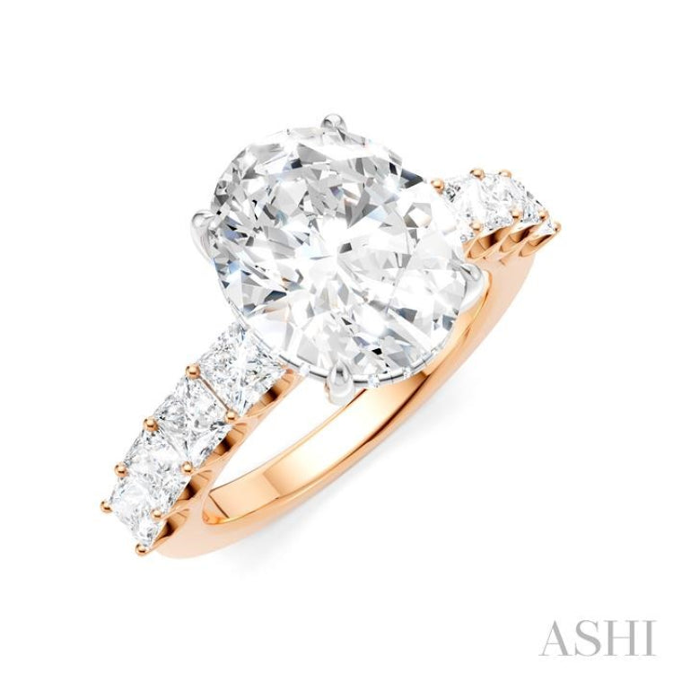 1 1/3 Ctw Oval Shape Princess and Round Cut Diamond Semi-Mount Engagement Ring in 14K Rose and White Gold