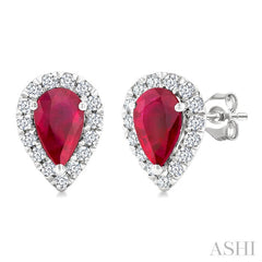 6x4 MM Pear Shape Ruby and 1/4 Ctw Round Cut Diamond Halo Precious Stud Earrings in 14K White Gold