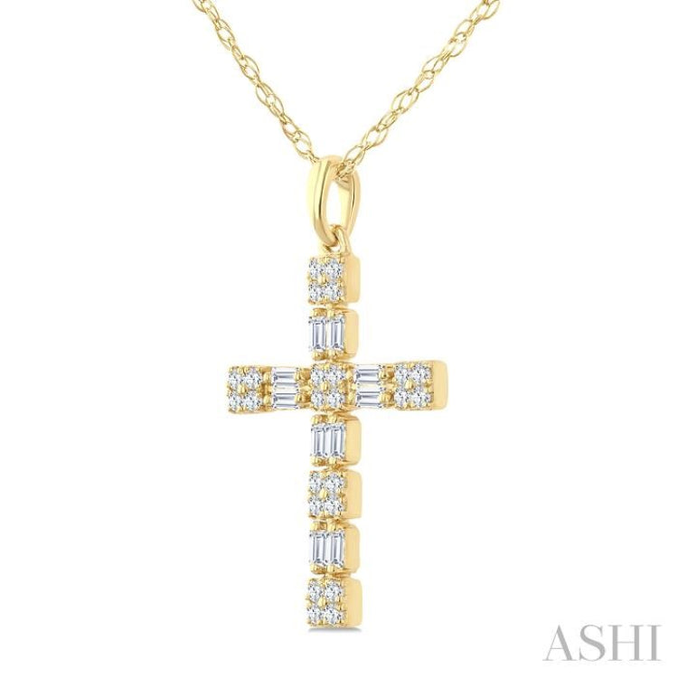 1/3 Ctw Geometric Cross Fusion Baguette and Round Cut Diamond Fashion Pendant With Chain in 14K Yellow Gold