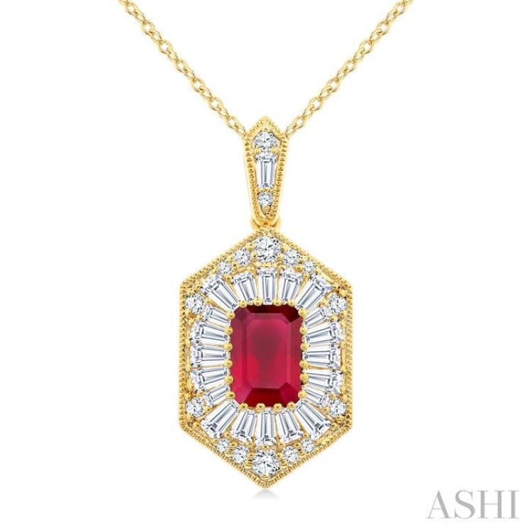 1/2 Ctw Art Deco Hexagon 6X4MM Octagon Shape Ruby, Baguette and Round Cut Diamond Precious Pendant With Chain in 14K Yellow Gold
