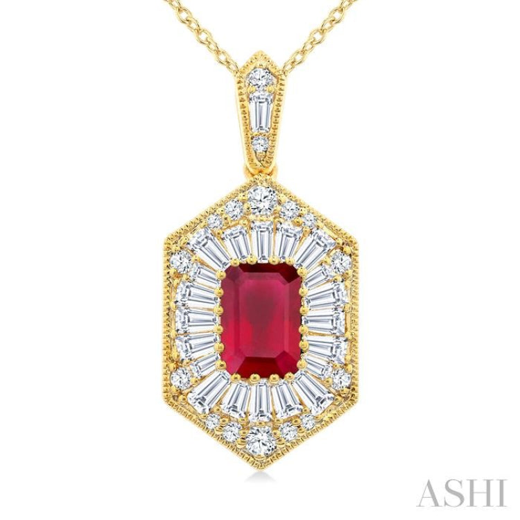 1/2 Ctw Art Deco Hexagon 6X4MM Octagon Shape Ruby, Baguette and Round Cut Diamond Precious Pendant With Chain in 14K Yellow Gold