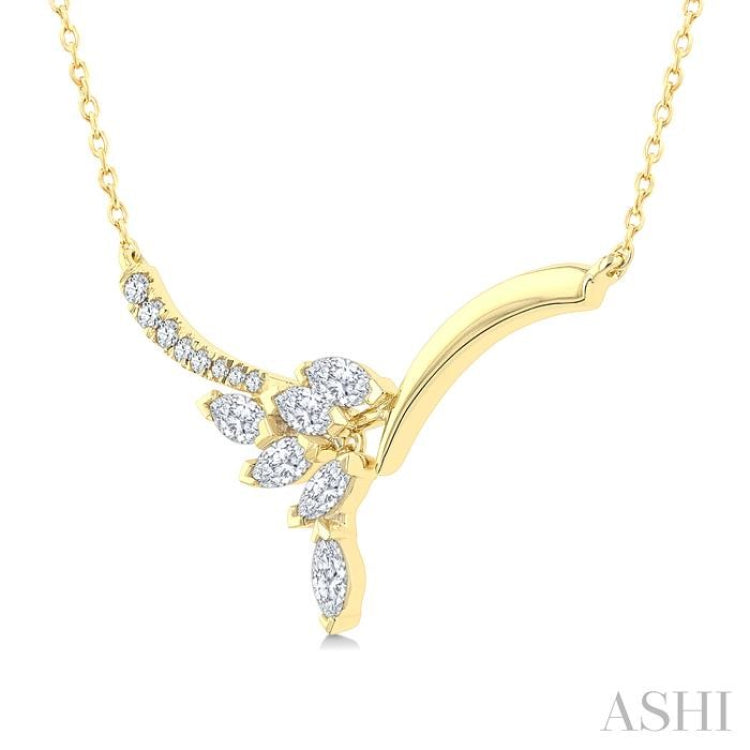 1/3 Ctw Leaf Motif Drop Marquise and Round Cut Diamond Fashion Necklace in 14K Yellow Gold