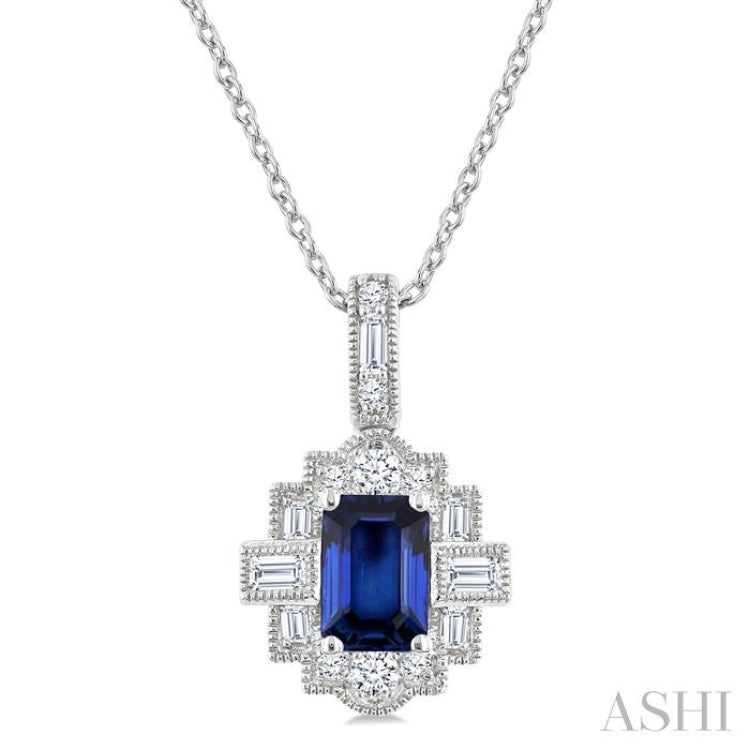 6X4 MM Octagon Shape Sapphire and 1/4 Ctw Round and Baguette Cut Diamond Precious Pendant With Chain in 14K White Gold