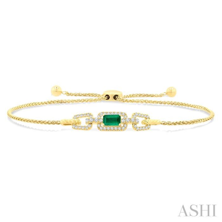 1/4 Ctw 5X3MM Octagon Shape Emerald and Round Cut Diamond Precious Rectangular Open Link Lariat Bracelet in 14K Yellow Gold