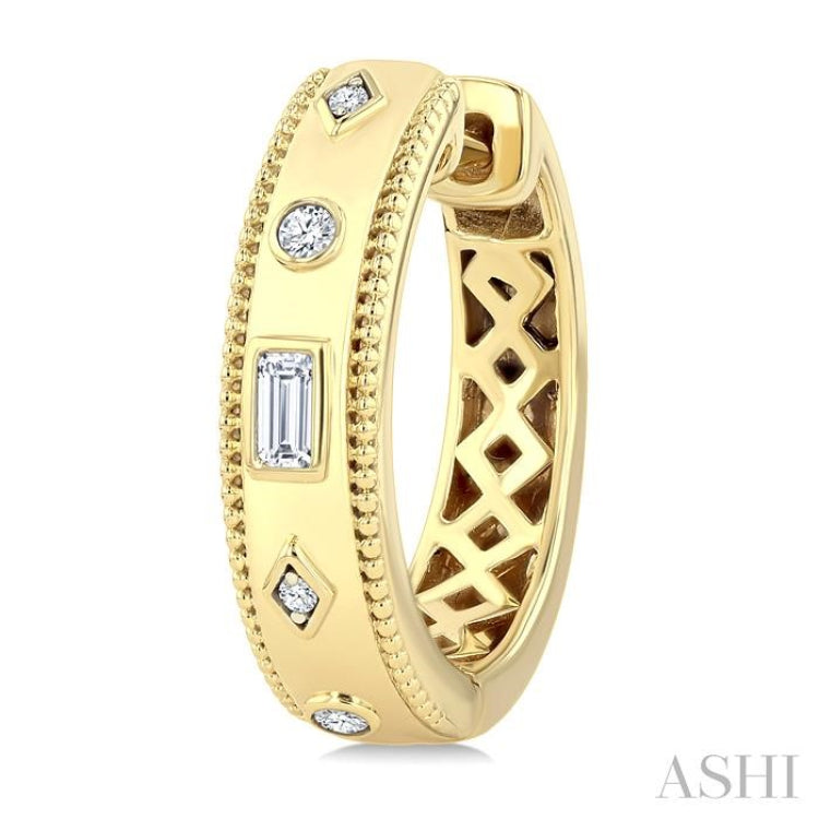 1/6 Ctw Mixed Bezel Shape Baguette and Round Cut Diamond Fashion Huggies in 14K Yellow Gold