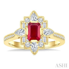 6X4 MM Octagon Cut Ruby and 5/8 Ctw Art Deco Mixed Diamond Cut Precious Fashion Ring in 14K Yellow Gold