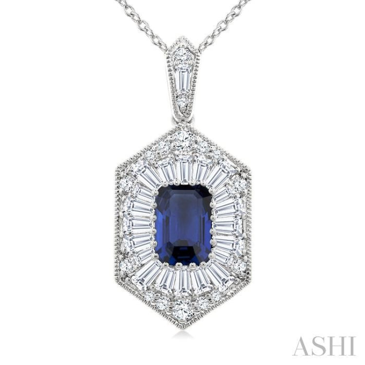 1/2 Ctw Art Deco Hexagon 6X4MM Octagon Shape Sapphire, Baguette and Round Cut Diamond Precious Pendant With Chain in 14K White Gold
