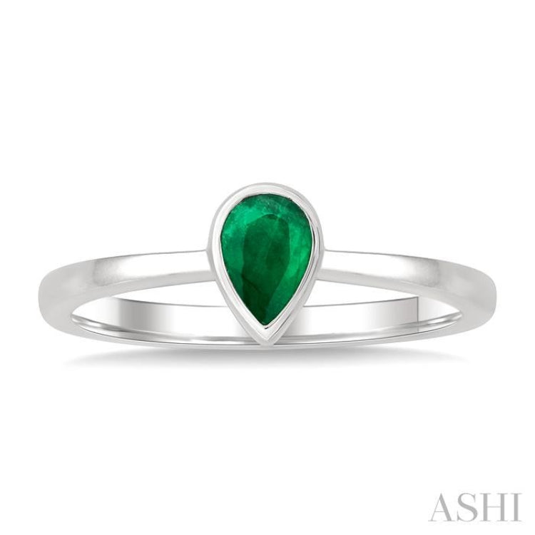 6X4 MM Bezel Set Pear Cut Emerald Precious Solitaire Ring in 14K White Gold