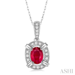 6x4 MM Oval Cut Ruby and 1/10 Ctw Round Cut Diamond Pendant in 14K White Gold with Chain