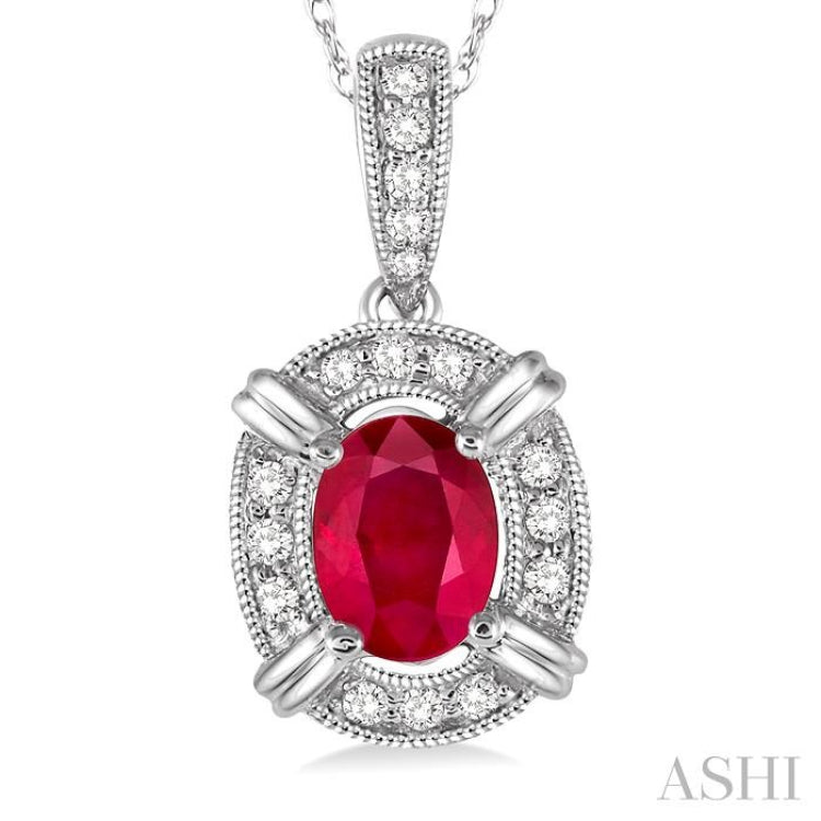 6x4 MM Oval Cut Ruby and 1/10 Ctw Round Cut Diamond Pendant in 14K White Gold with Chain