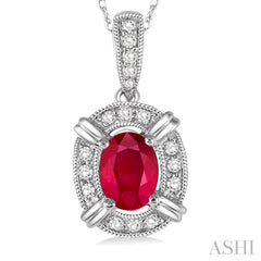 6x4 MM Oval Cut Ruby and 1/10 Ctw Round Cut Diamond Pendant in 14K White Gold with Chain