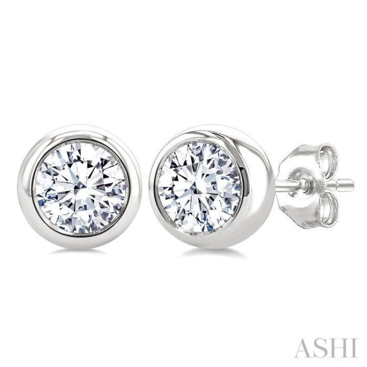 1 Ctw Bezel Set Round Cut Diamond Fashion Stud earrings in 14K White Gold