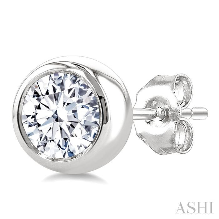1 Ctw Bezel Set Round Cut Diamond Fashion Stud earrings in 14K White Gold