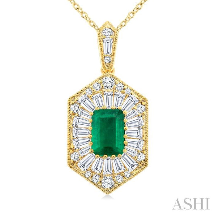 1/2 Ctw Art Deco Hexagon 6X4MM Octagon Shape Emerald, Baguette and Round Cut Diamond Precious Pendant With Chain in 14K Yellow Gold