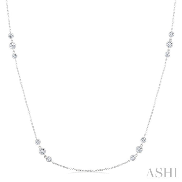 1 Ctw Three Stone Bezel Set Round Cut Diamond Station Necklace in 14K White Gold
