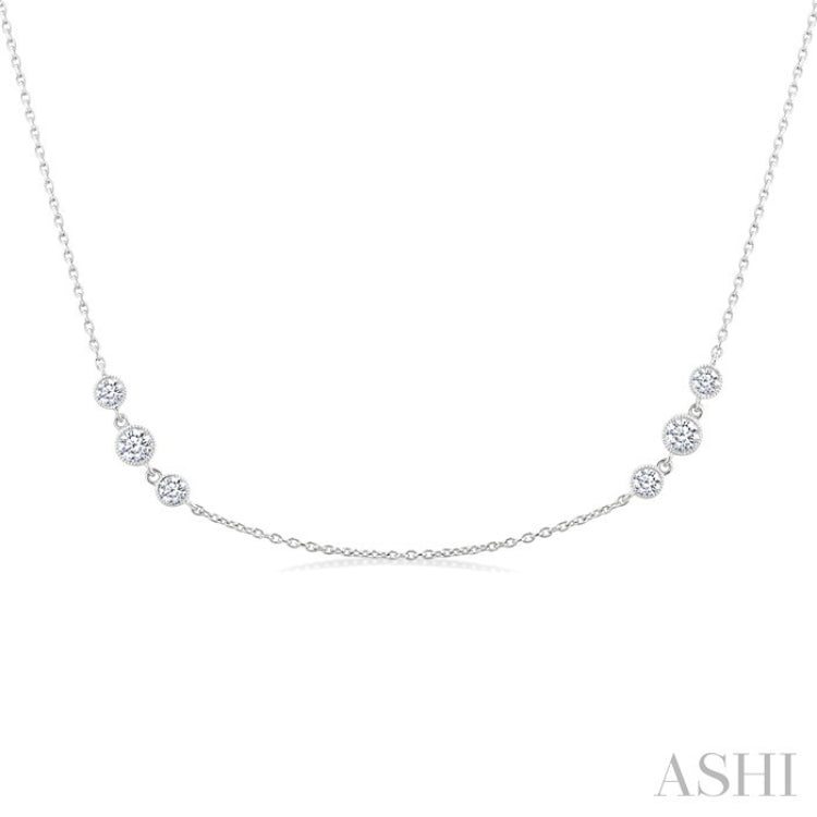 1 Ctw Three Stone Bezel Set Round Cut Diamond Station Necklace in 14K White Gold