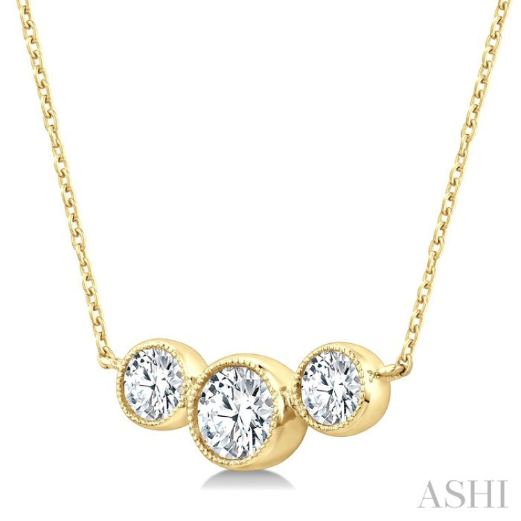 1 Ctw Past, Present & Future 3-Stone Bezel Set Round Cut Diamond Necklace in 14K Yellow Gold