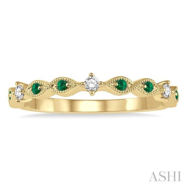 1.25 MM Round Cut Green Emerald and 1/20 Ctw Round Cut Diamond Precious Half Eternity Wedding Band in 14K Yellow Gold