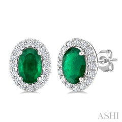 6x4 MM Oval Shape Emerald and 1/4 Ctw Round Cut Diamond Halo Precious Stud Earrings in 14K White Gold