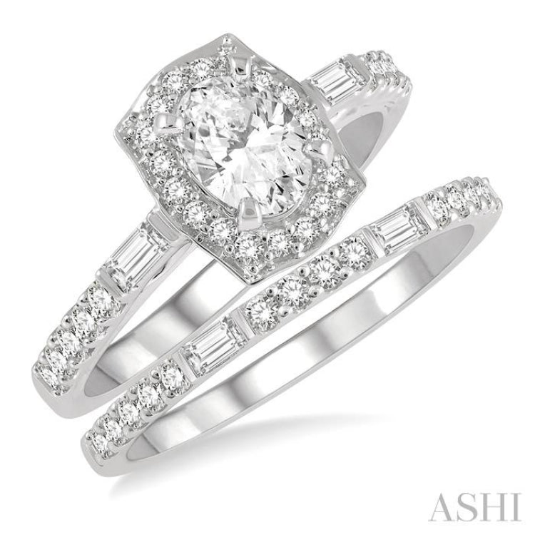 1 Ctw Baguette and Round Cut Diamond Wedding Set With 3/4 Ctw Cushion Shape Oval Cut Engagement Ring and 1/5 Ctw Wedding Band in 14K White Gold