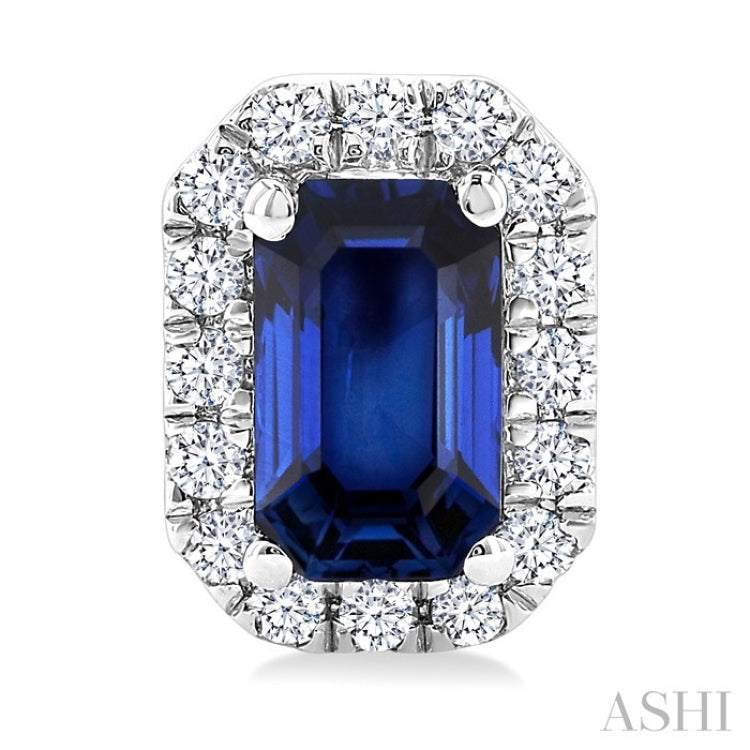 5x3 MM Octagonal Shape Sapphire and 1/8 Ctw Round Cut Diamond Halo Precious Stud Earrings in 10K White Gold