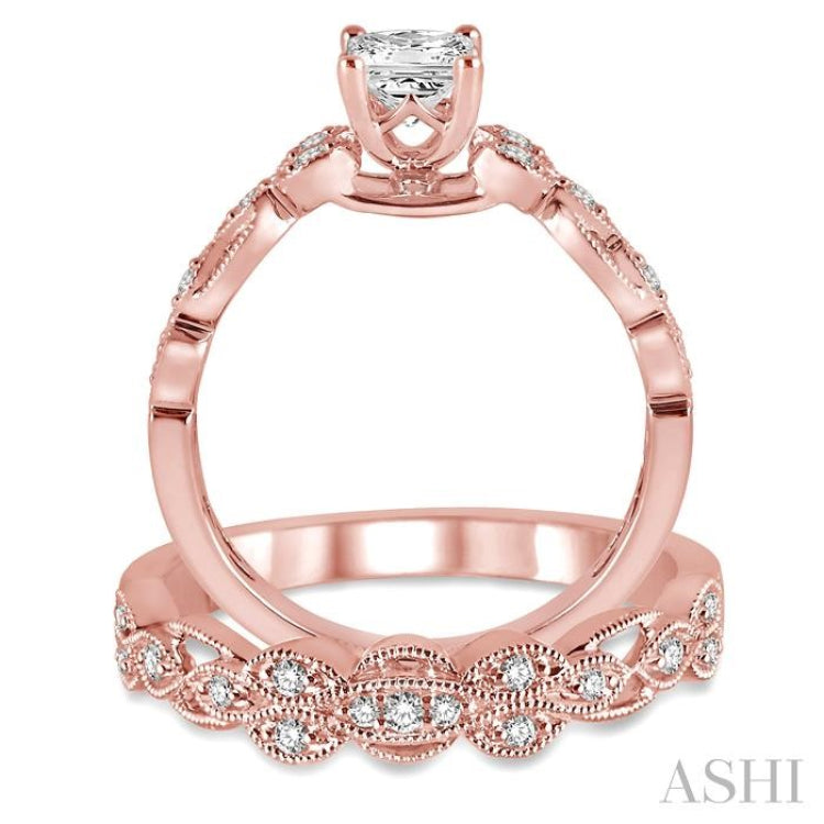 1/2 Ctw Diamond Wedding Set with 1/2 Ctw Princess Cut Engagement Ring and 1/10 Ctw Wedding Band in 14K Rose Gold