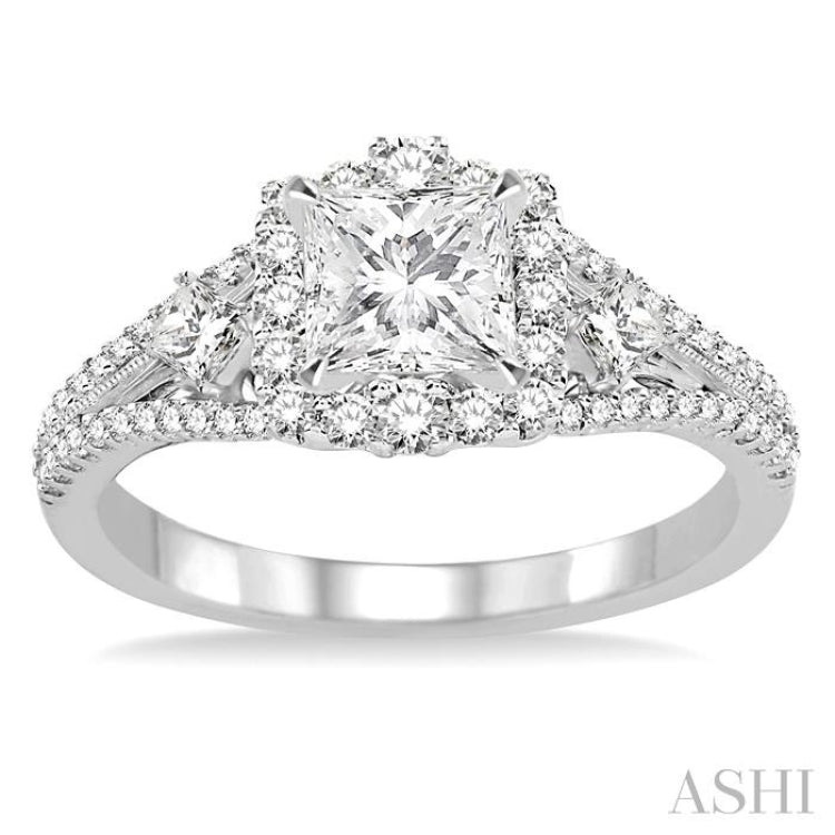 7/8 Ctw Diamond Engagement Ring with 1/3 Ct Princess Cut Center Stone in 14K White Gold