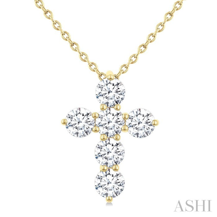 1 Ctw Round Cut Diamond Christian Cross 6-Stone Fashion Pendant With Chain in 14K Yellow Gold