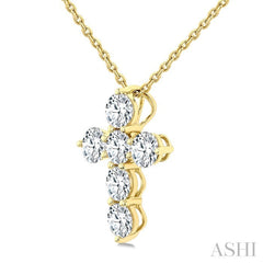 1 Ctw Round Cut Diamond Christian Cross 6-Stone Fashion Pendant With Chain in 14K Yellow Gold