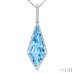 22X9 MM Kite Shape Blue Topaz and 1/4 Ctw Round Cut Diamond Semi-Precious Pendant With Chain in 14K White Gold