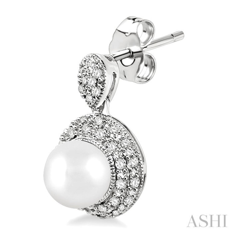 6 MM Cultured Pearls and 1/3 Ctw Round Cut Diamond Earrings in 10K White Gold