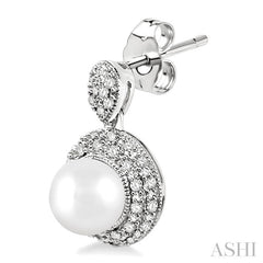 6 MM Cultured Pearls and 1/3 Ctw Round Cut Diamond Earrings in 10K White Gold