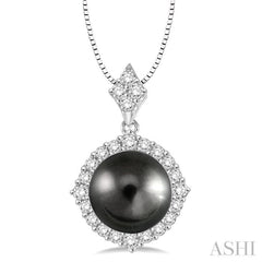 10 MM Black Cultured Pearl and 1/2 Ctw Round Cut Diamond Pendant in 14K White Gold with chain