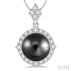 10 MM Black Cultured Pearl and 1/2 Ctw Round Cut Diamond Pendant in 14K White Gold with chain