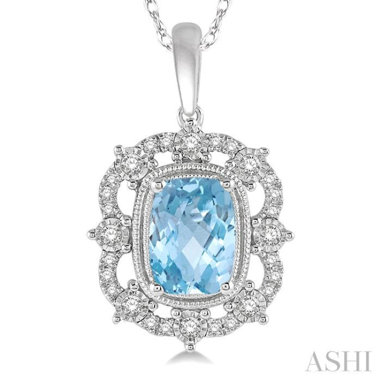 8x6 MM Cushion Shape Aquamarine and 1/5 Ctw Round Cut Diamond Semi-Precious Pendant With Chain in 10K White Gold