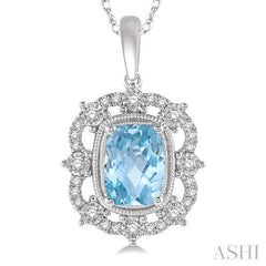 8x6 MM Cushion Shape Aquamarine and 1/5 Ctw Round Cut Diamond Semi-Precious Pendant With Chain in 10K White Gold