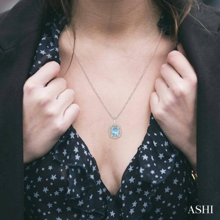 8x6 MM Cushion Shape Aquamarine and 1/5 Ctw Round Cut Diamond Semi-Precious Pendant With Chain in 10K White Gold