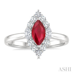 8X4 MM Marquise Shape Ruby and 3/8 Ctw Marquise and Round Cut Diamond Precious Ring in 14K White Gold