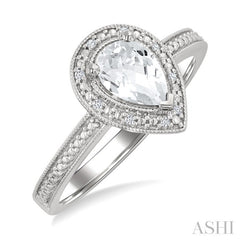 6X4 MM Pear Shape White Topaz and 1/50 Ctw Round Cut Diamond Semi-Precious Ring in Sterling Silver